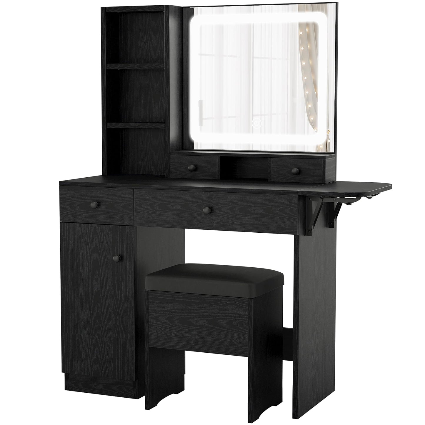 LIKIMIO Vanity Desk with Drawers & LED Lighted Mirror & Power Outlet & Cabinet, Storage Stool, Stylish Bedroom Makeup Table Set, Modern Black