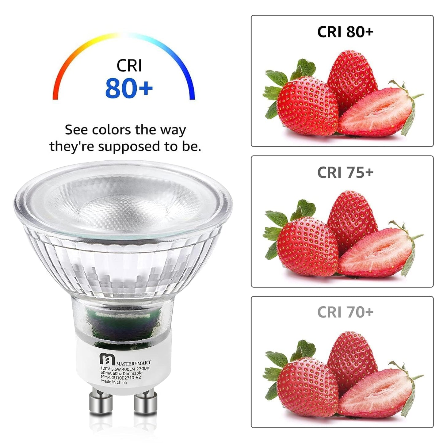 MASTERY MART Dimmable GU10 LED Light Bulbs, 5.5W Bright 2700K Soft White 50W Halogen Equivalent, 400lm Energy Saver for Track Lighting Fixture, Kitchen, Basement, Living Room, 25000 Hours, 10 Pack