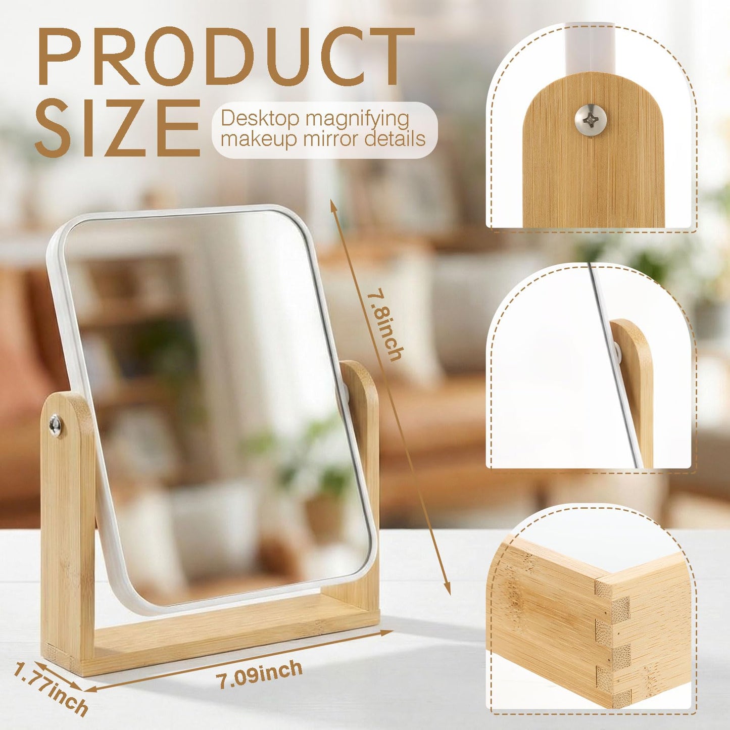 Novabright 4 Pack Desk Vanity Mirror, Double Sided 1X/ 3X Magnifying Makeup Mirror with Natural Bamboo Stand, 360° Swivel for Table, Desk, Countertop Bathroom Bedroom