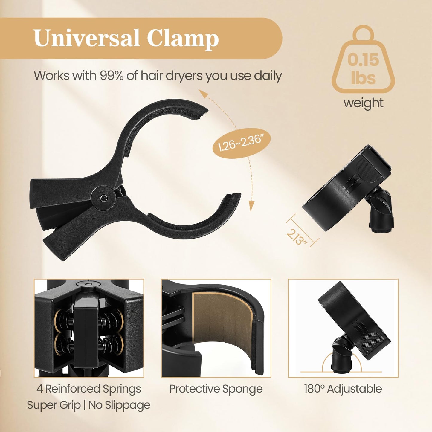 BUDSTR Hair Dryer Stand, Thickened Heavy Duty Metal Blow Dryer Holder with Reinforced Universal Anti-Scratch Clip, Anti-Tip Triangle Base for Bathroom, Vanity, Makeup Room, Home Hair Styling, Pet Grooming
