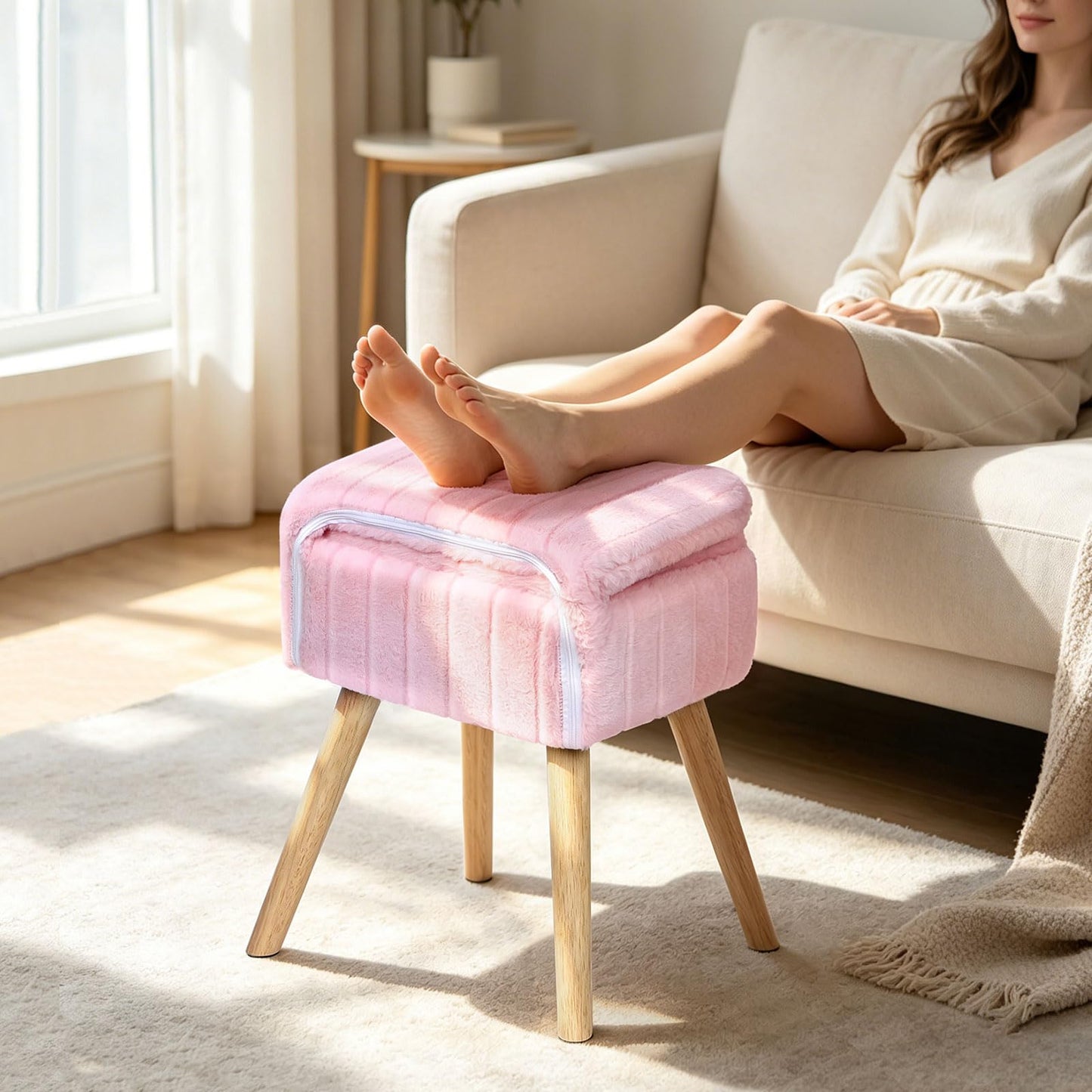 KANEODOT Vanity Stool with Storage & Folding Backrest,Faux Rabbit Fur Small Makeup Chair with 4 Solid Wood Legs,11.4" D x 14.9" W x 28.7" H,Soft Ottoman for Living Room,Bedroom,Closet,Pink