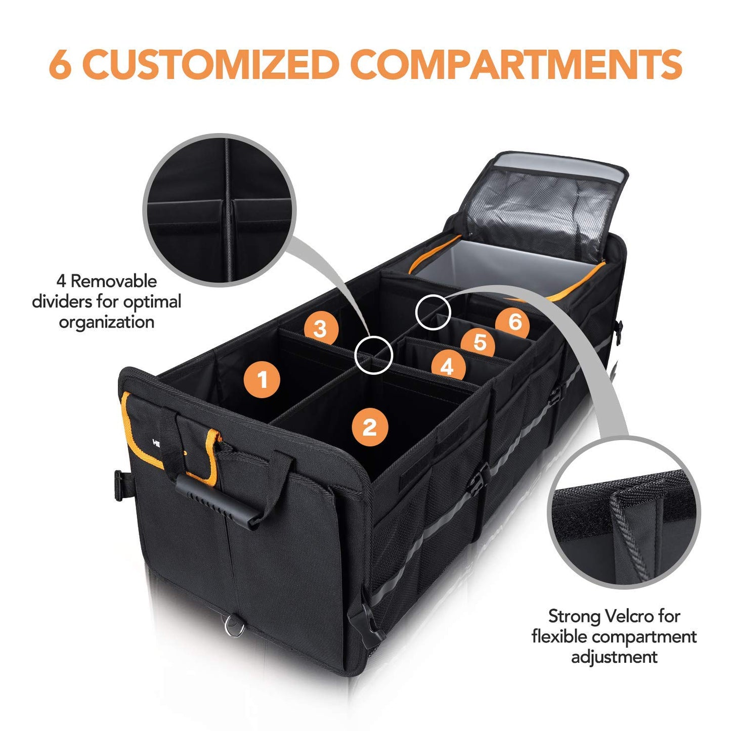 HEYTRIP Large Trunk Organizer With Built-in Leakproof Cooler Bag, 2 Tie-Down Straps, 4 Removable Dividers, Foldable Cover, Built with 2mm PE Board