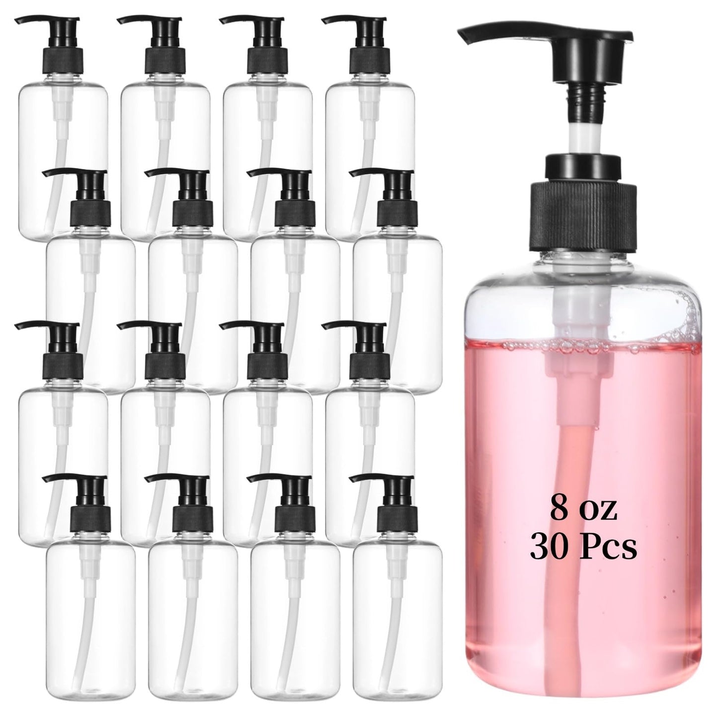 Skdqiee 30 PCS Empty Lotion Bottles with Pump - 8 oz/250ml Refillable Plastic Pump Bottles Hand Dish Dispenser Portable Travel Lotion Container for Shampoo, Conditioner, Cream, Liquid (Clear)
