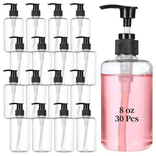 Skdqiee 30 PCS Empty Lotion Bottles with Pump - 8 oz/250ml Refillable Plastic Pump Bottles Hand Dish Dispenser Portable Travel Lotion Container for Shampoo, Conditioner, Cream, Liquid (Clear)