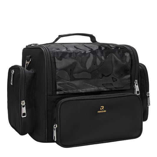 Makeup Brush Bag, Clear Makeup Brush Holder with Lid, Extra Large Capacity Travel Cosmetic Bag Makeup Artist Must Haves, Black Makeup Case, Make Up Organizers and Storage, with Adjustable Dividers