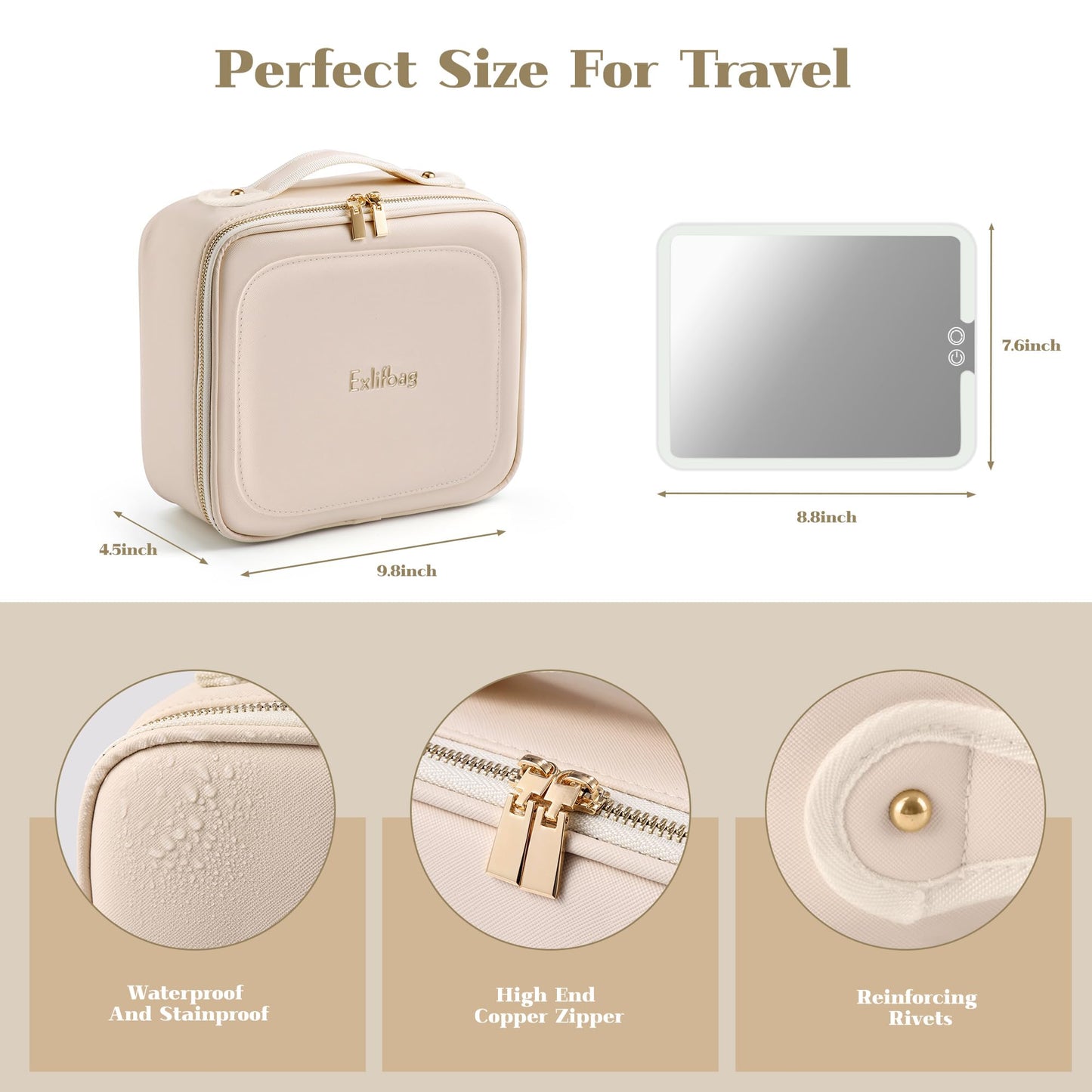 EXLIFBAG Makeup Bag with Led Mirror, Portable Travel Makeup Bag Organizer, Cosmetic Bag (Beige)