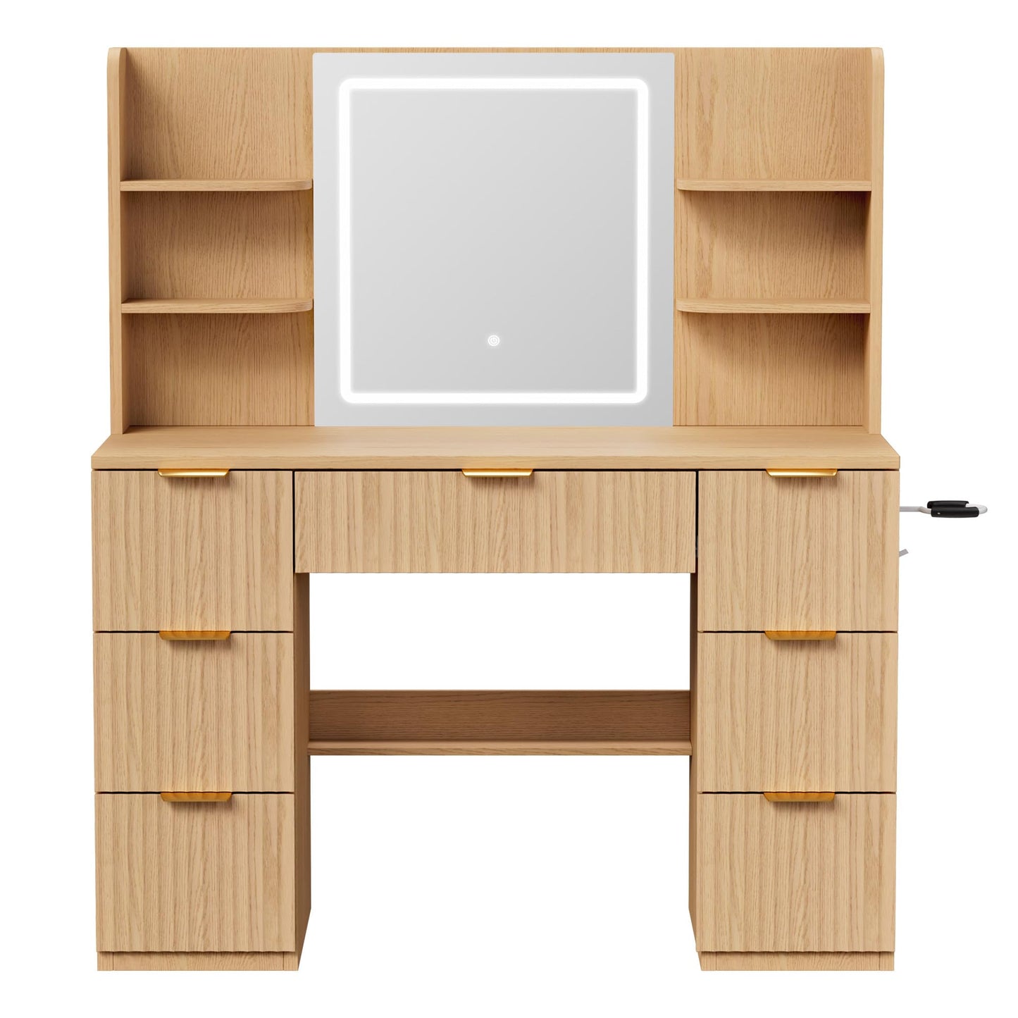 LIVELYGLOW 43" Large Natural Wood Makeup Vanity Desk with Charging Station