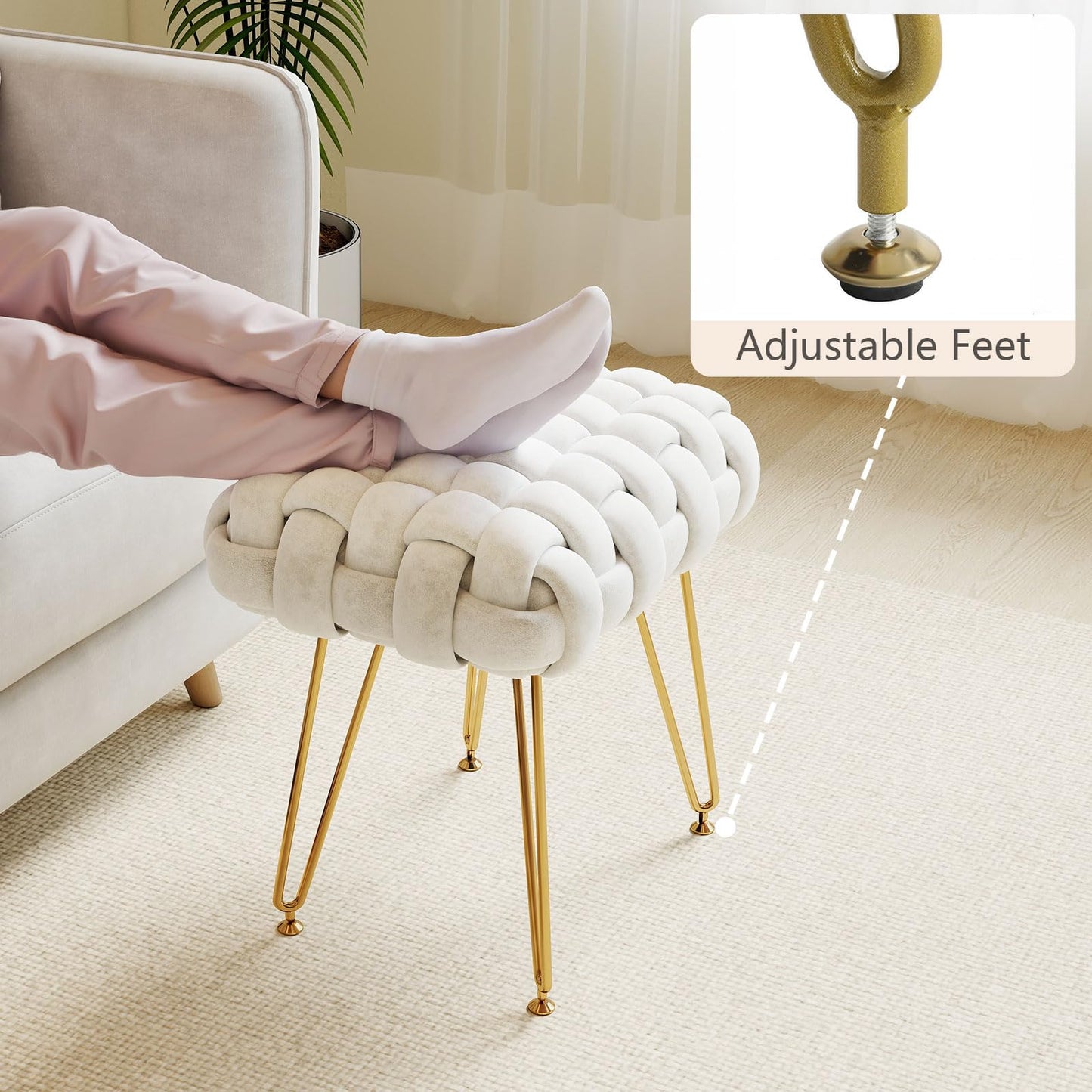 Sefulei Upholstered Velvet Vanity Stool, Hand-Woven Makeup Vanity Chair with Gold Metal Legs, Modern Foot Stool Ottoman for Living Room Bedroom, Easy Assembly (White)