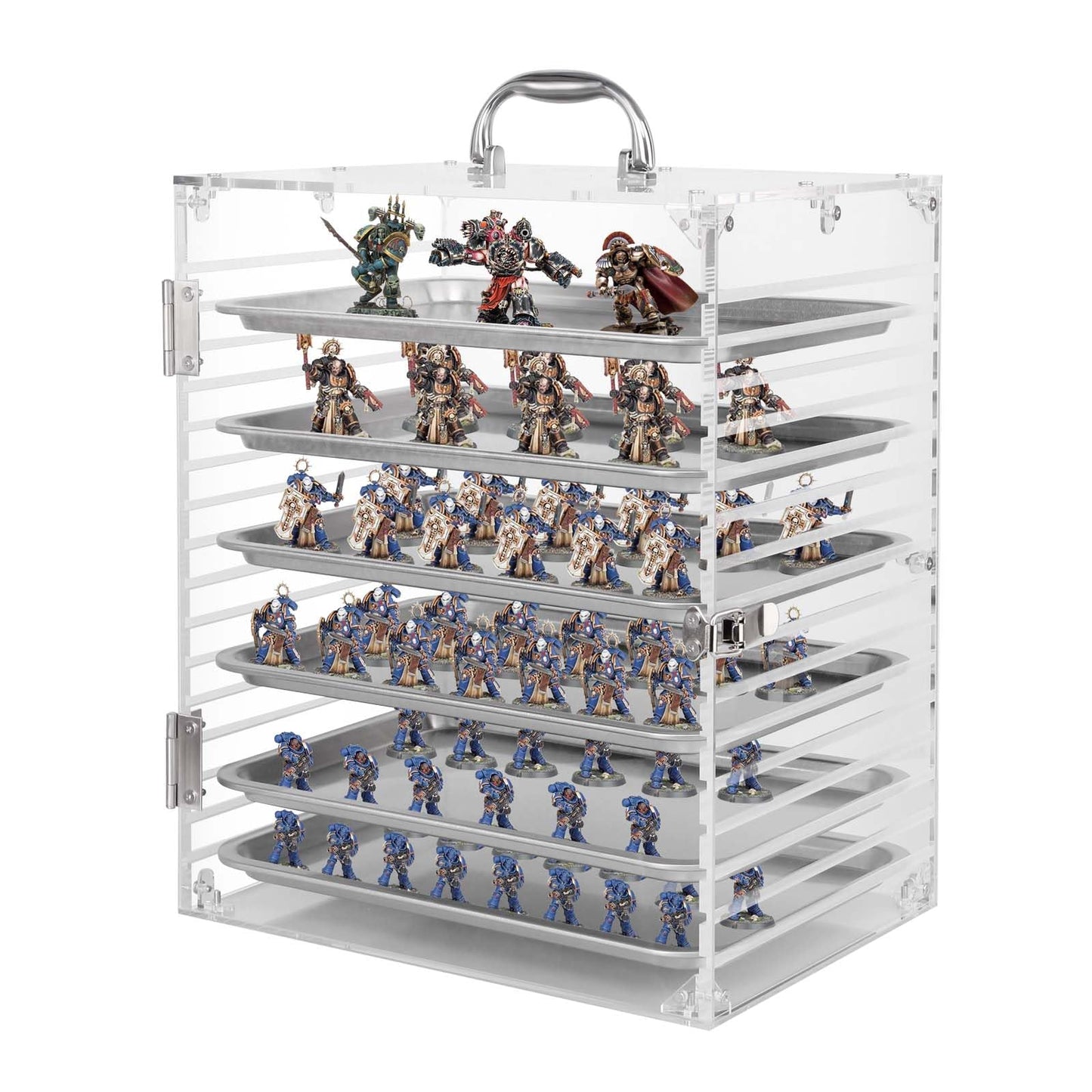 Famard Clear Acrylic Miniature Storage Case, Miniatures Carrying Case with 6 Magnetic Metal Trays, Miniature Display Case with Protective Door Compatible with Warhammer 40k