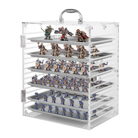 Famard Clear Acrylic Miniature Storage Case, Miniatures Carrying Case with 6 Magnetic Metal Trays, Miniature Display Case with Protective Door Compatible with Warhammer 40k