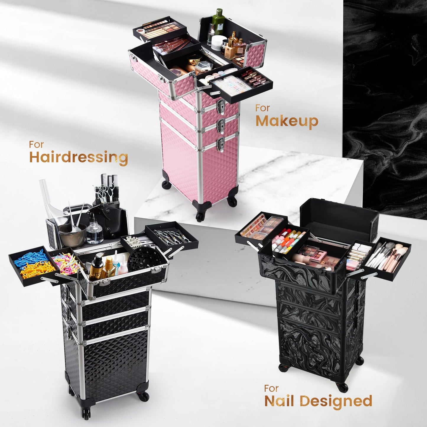 Stagiant Rolling Makeup Train Case Cosmetology Case on Wheels 4 in 1 Large Cosmetic Organizer Box Makeup Travel Case with Key Swivel Wheels Nail Artist Salon Storage Traveling Cart Big Trunk Pink