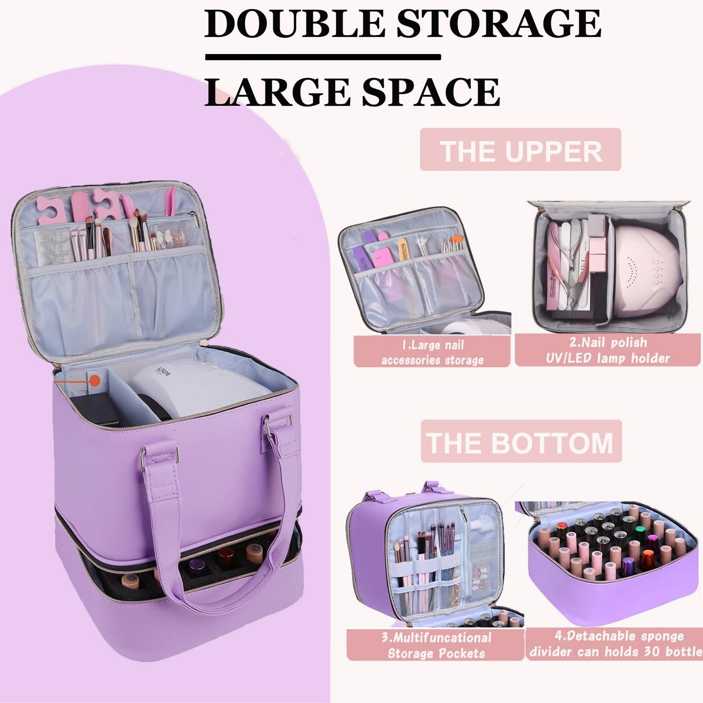 FCQQYWZ Nail polish Case, Nail Polish Organizer Bag and Nail Dryer Case Holds 30+ Bottles (15ml/0.5 fl.oz) and a Nail Lamp, Travel 2 Layer Nail Polish Storage with Sturdy Handles(Purple)