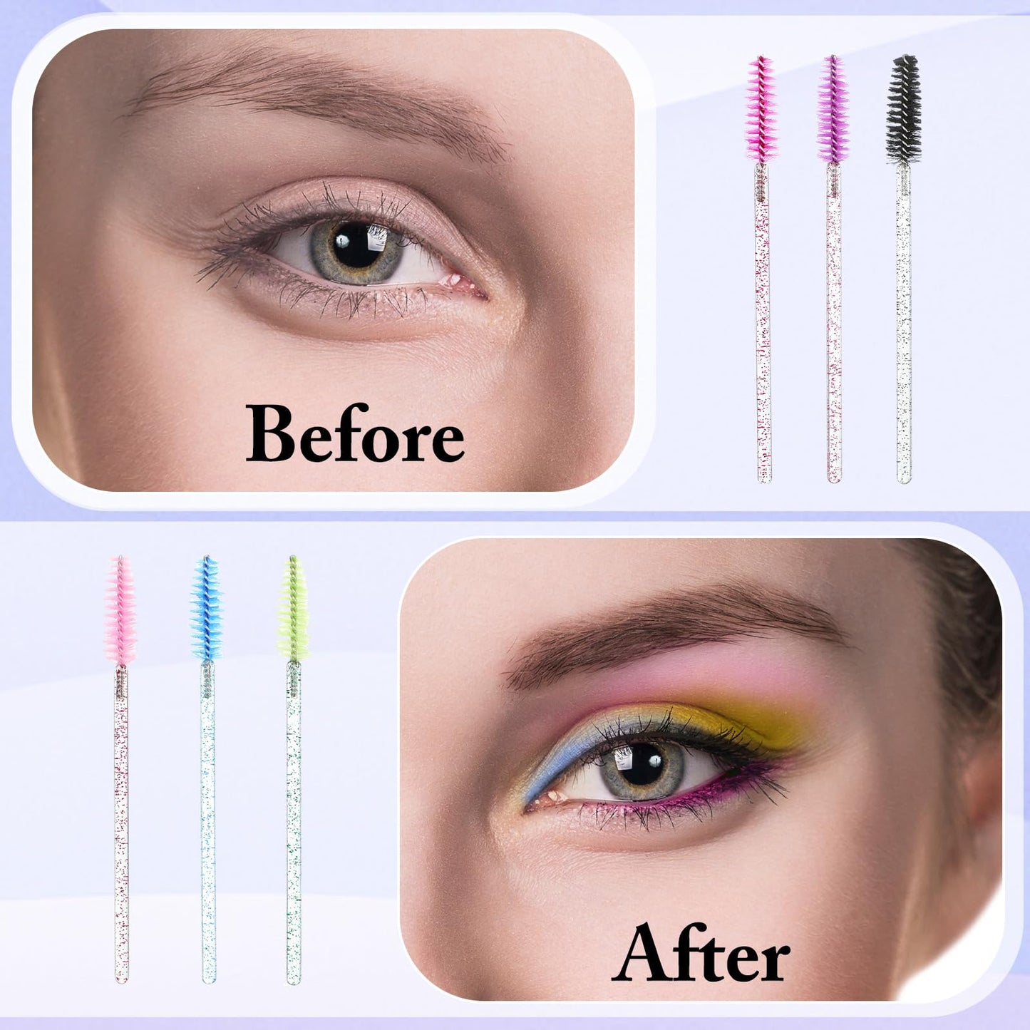 Skylety 1000 Pcs Disposable Mascara Wands Bulk Eyelash Brush Spoolies Makeup Applicator Eyelash Wands for Eye Lash Extension, Eyebrow Comb, 3.9 x 0.2 x 0.3 Inch(Glitter,Colorful)