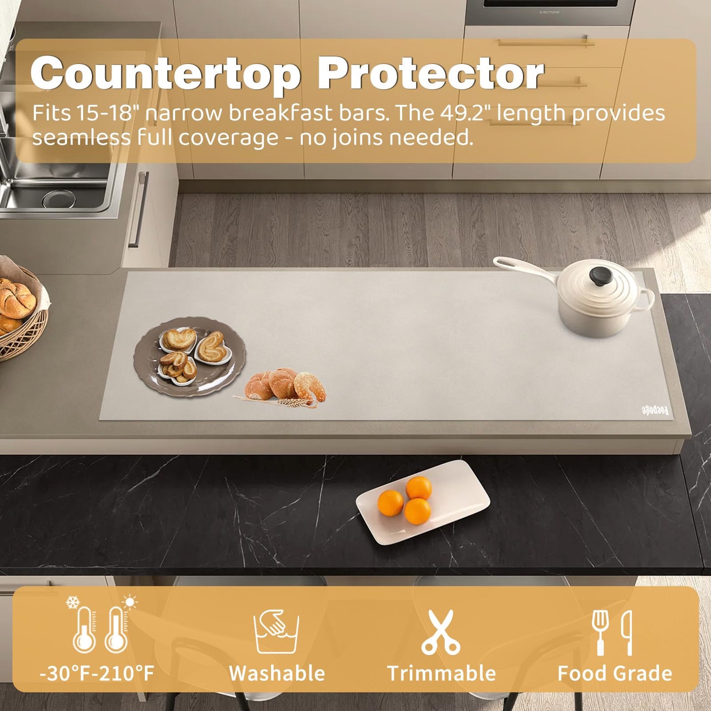 49.2" x 15.7" Large Silicone Mat for Kitchen Counter Protector, Cuttable Silicon Countertop Protector Mat Heat Resistant Mats for Countertop, Cut to Fit Placemat Ship Roll by Foepoge, Translucent