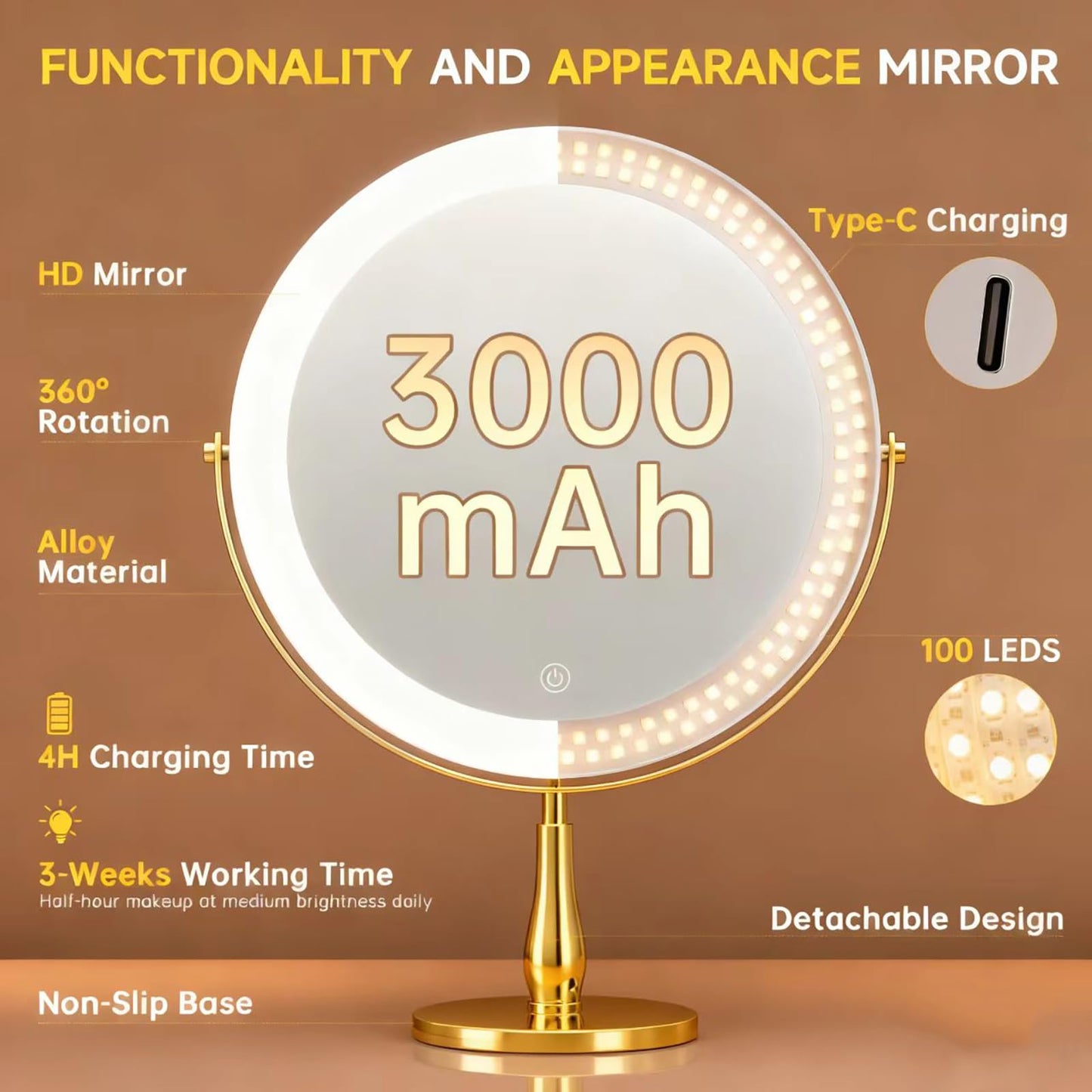 DEXHOM Professional 8" Large Lighted Makeup Mirror with Brighter Lights, 1X/10X True HD Magnifying Mirror with 3 Color Dimmable Lights, 92 Shadowless LEDs, 360°Swivel Seamless Vanity Mirror, Gold