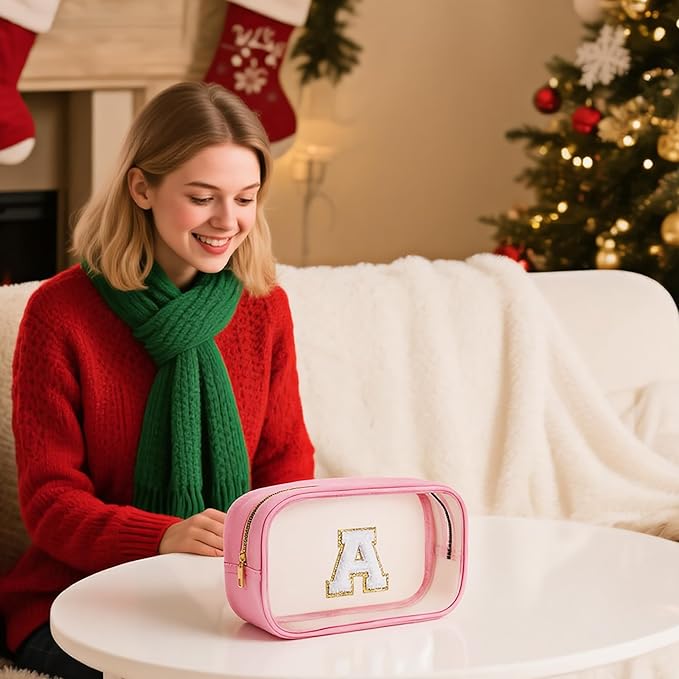 YOOLIFE Christmas Stocking Stuffers | Travel Toiletry Bag | Pink Clear Makeup Bag for Teen Girls Kids Cosmetic Bags for 5 6 7 8 9 10 11 12 13 Year Old Birthday Gifts for Girls Initial D