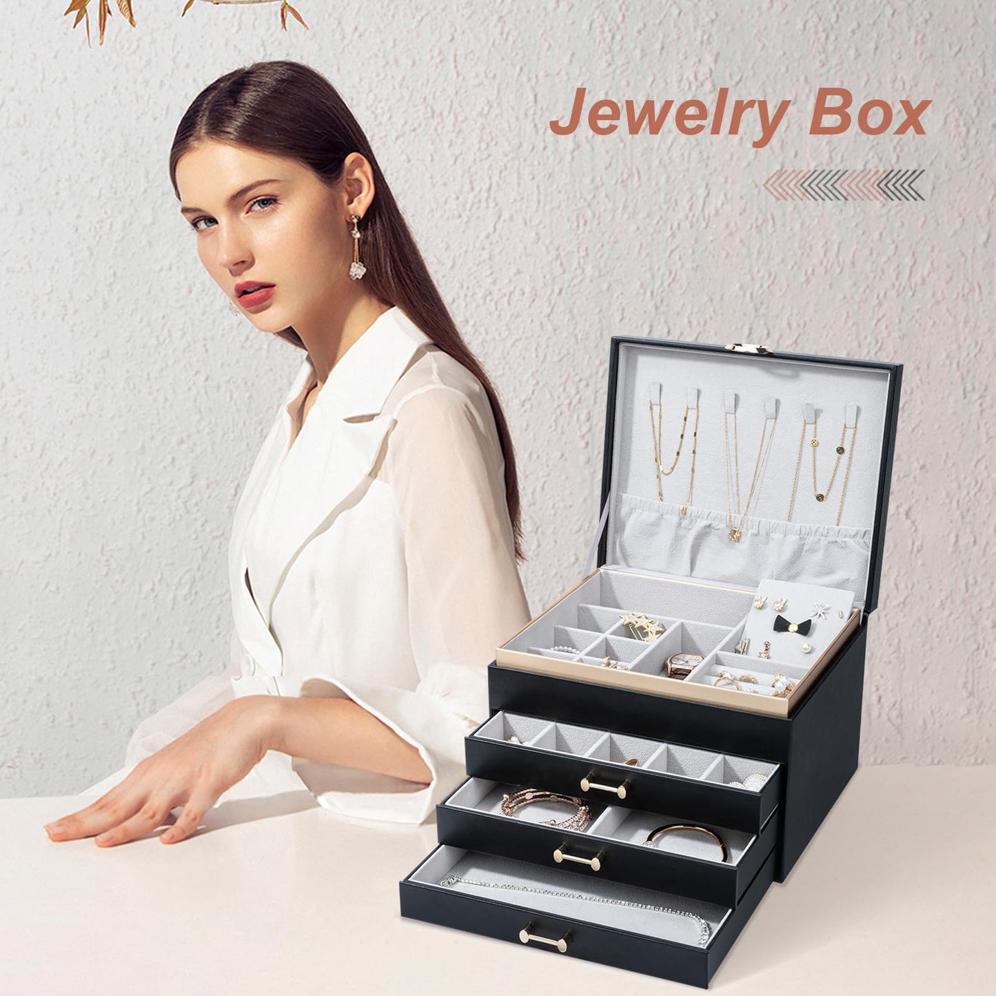 V-LAFUY Jewelry Boxes for Women, Large Jewelry Storage Boxes, 4-Layer Leather Jewelry Organizer with 3 Drawers, Jewelry Display Case Gift for Women Girls, Black