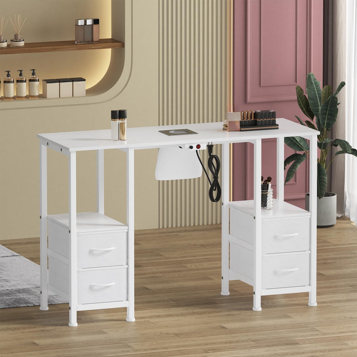 WODRAWER Manicure Table for Nail Tech, Nail Tech Table Station w/4 Storage Drawers & 2 Open Shelves, Nail Table w/Dust Collector for Beauty Salon Tech Station (White)