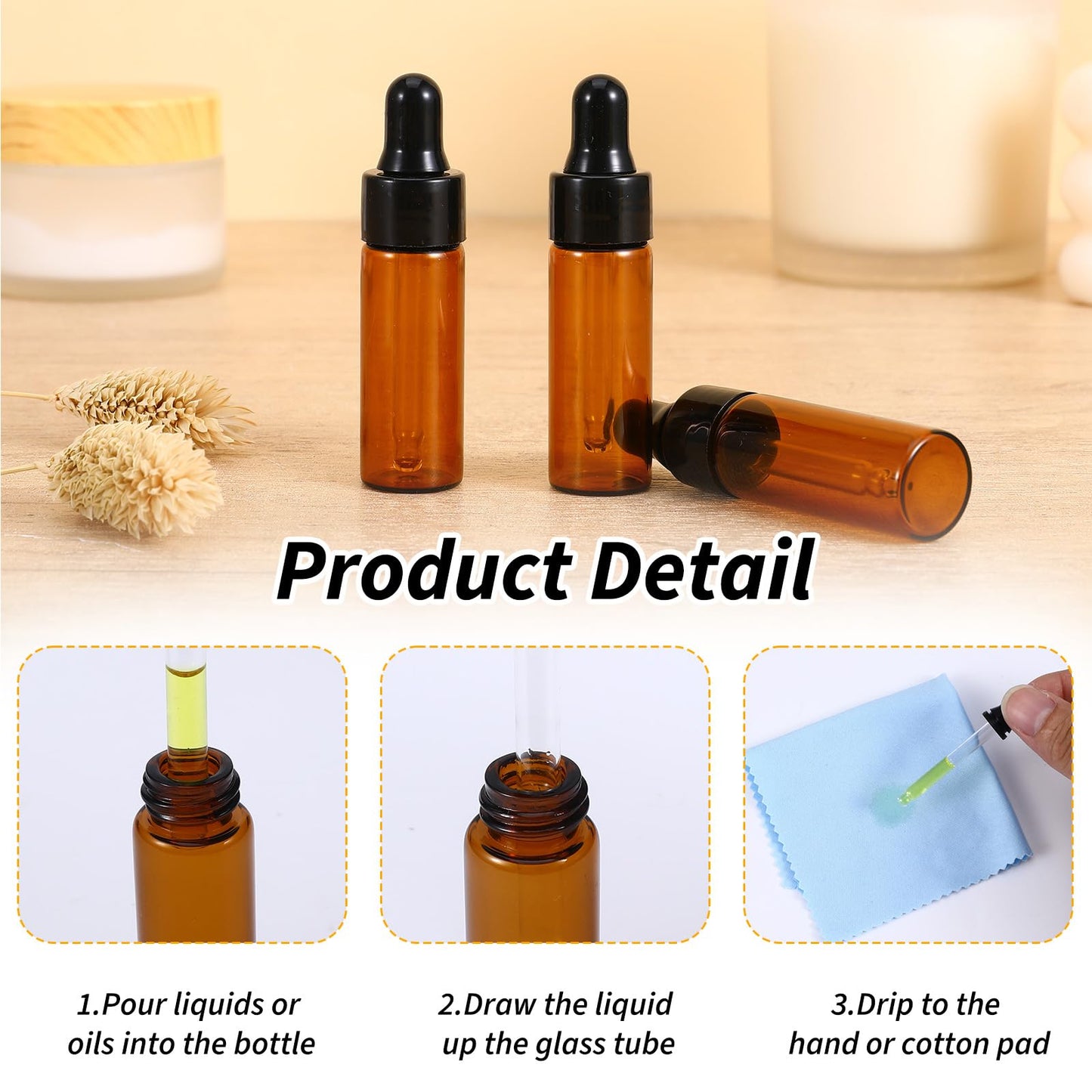 100 PCS Mini Glass Dropping Bottles Bulk Essential Oil Dropper Bottles Amber Empty Sample Vials with Black Cap Tiny Storage Jars with Dropper for Perfumes Cosmetic Liquid Aromatherapy Lab (5 ml)