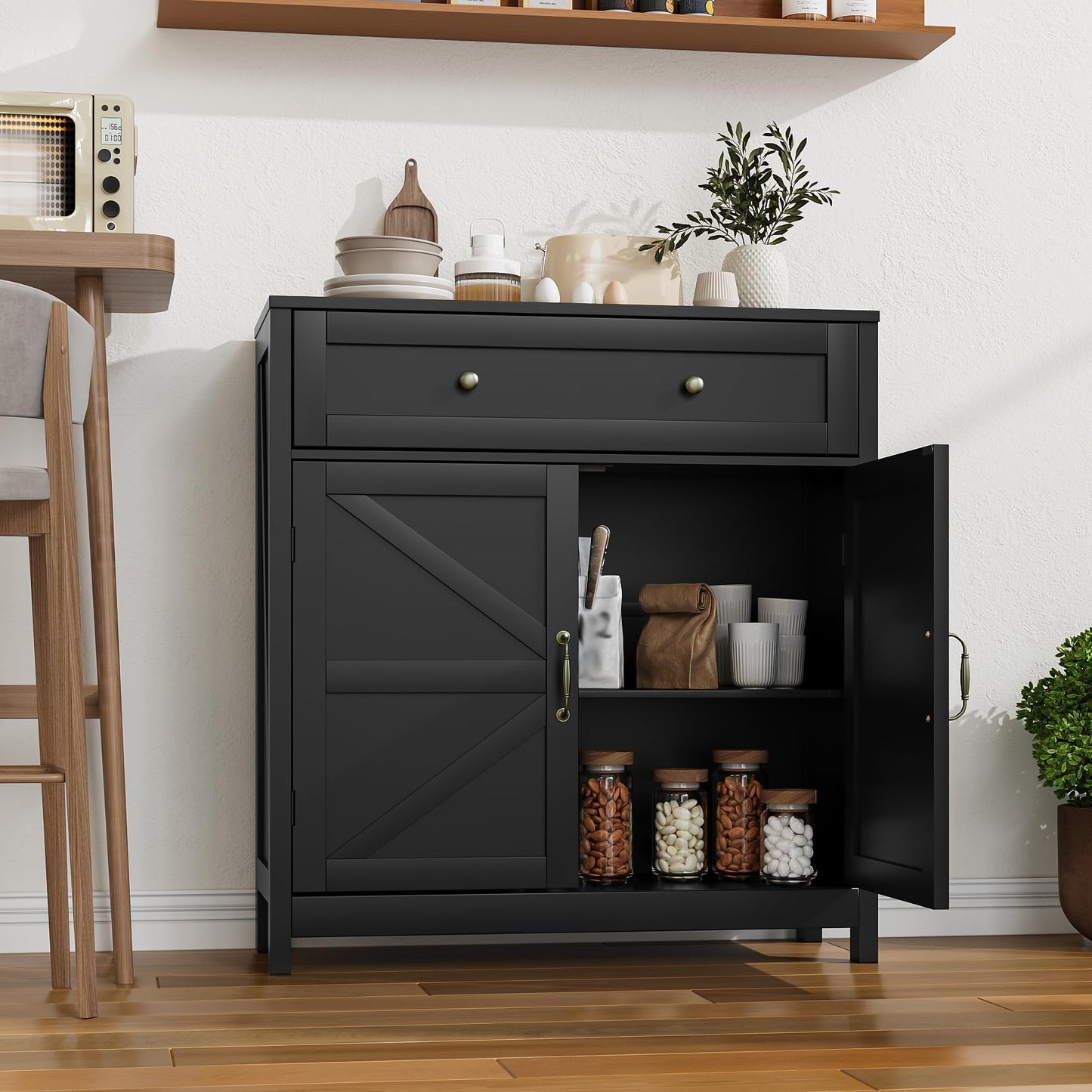 Mino Kesper Buffet Sideboard with 2 Barn Doors,Black Kitchen Cabinet with Adjustable Shelf, Freestanding Floor Storage Cabinet