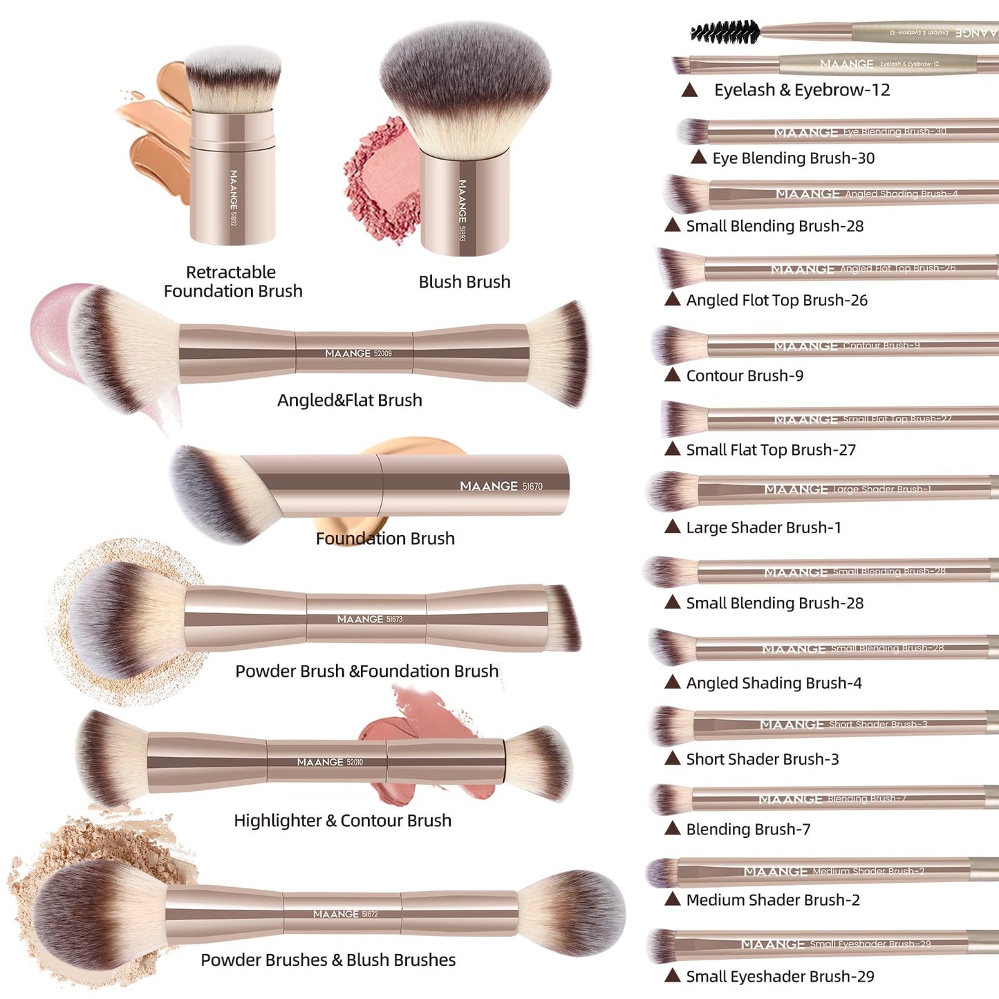 MAANGE 20 Pcs Makeup Brushes with Gift Box, Double-End Multi-functional Makeup Brushes for Blending Liquid Powder Concealer Cream Blush Buffe,Champagne