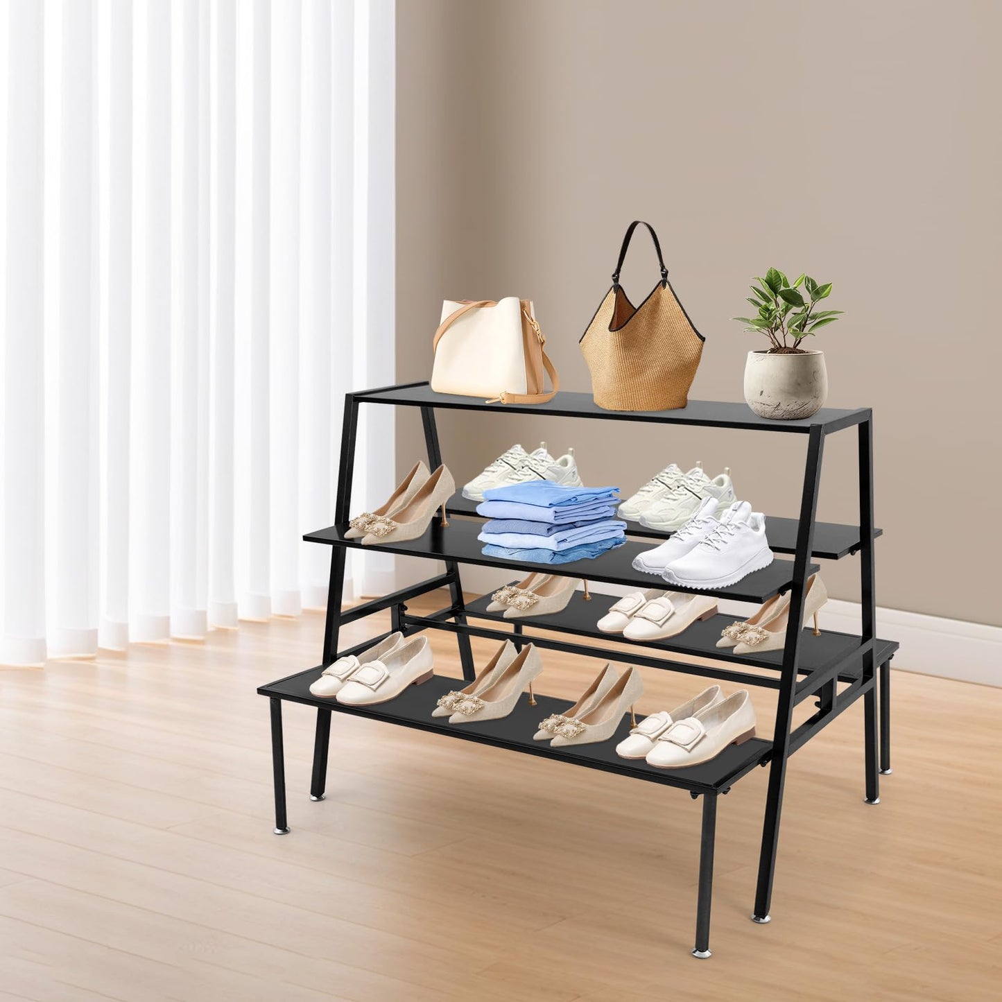 Nesting Tables for Retail Display, 3 Tier Metal Shoe Handbag Display Stand, Black Modern Retail Display Tables for Boutiques, Floor Standing Double Side Display Riser Shelf for Clothing Stores