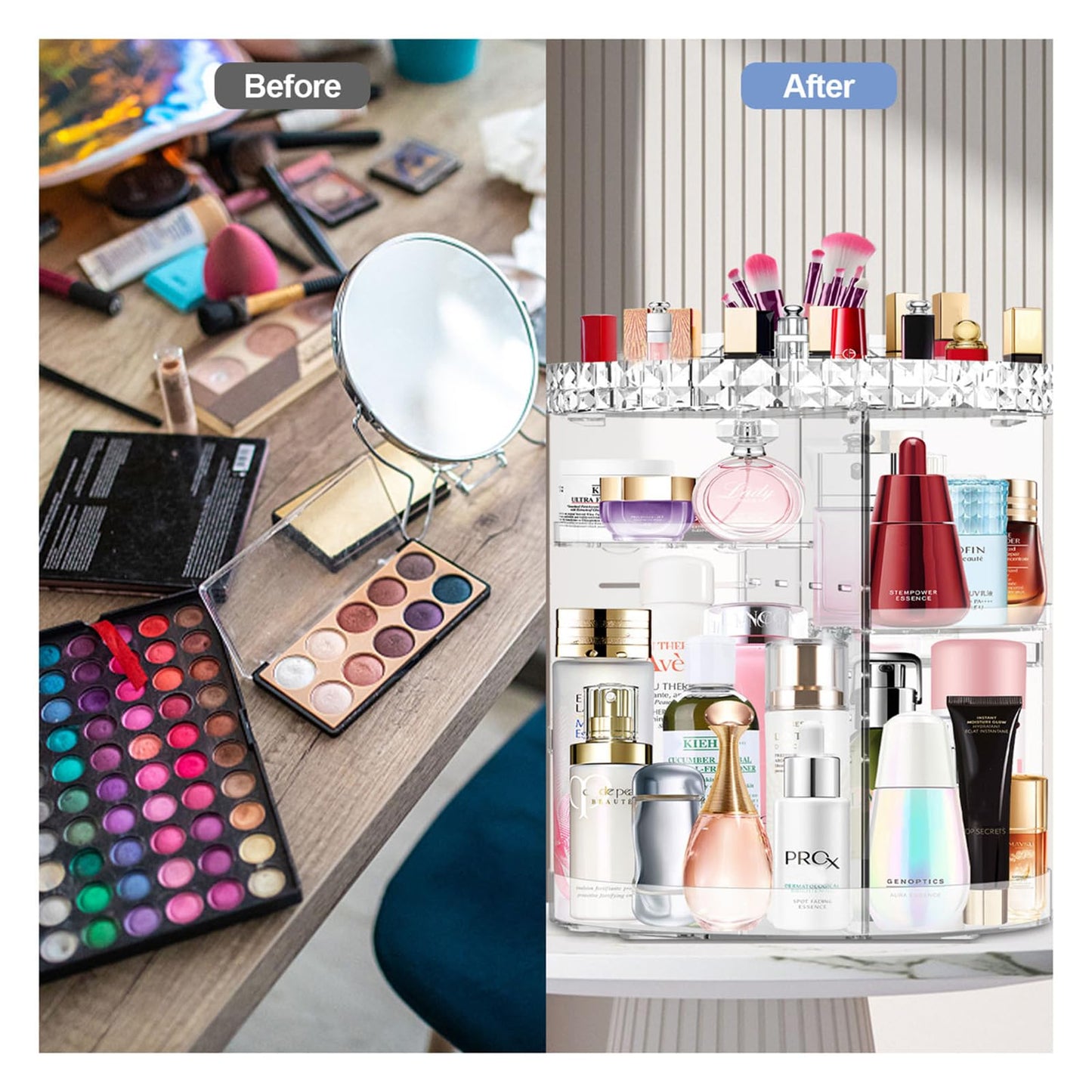 MISERWE 360 Degree Rotating Makeup Organizer, DIY Adjustable Makeup Carousel Spinning Holder Rack, Large Capacity Cosmetic Brush Lipstick Storage Organizer Box for Vanity