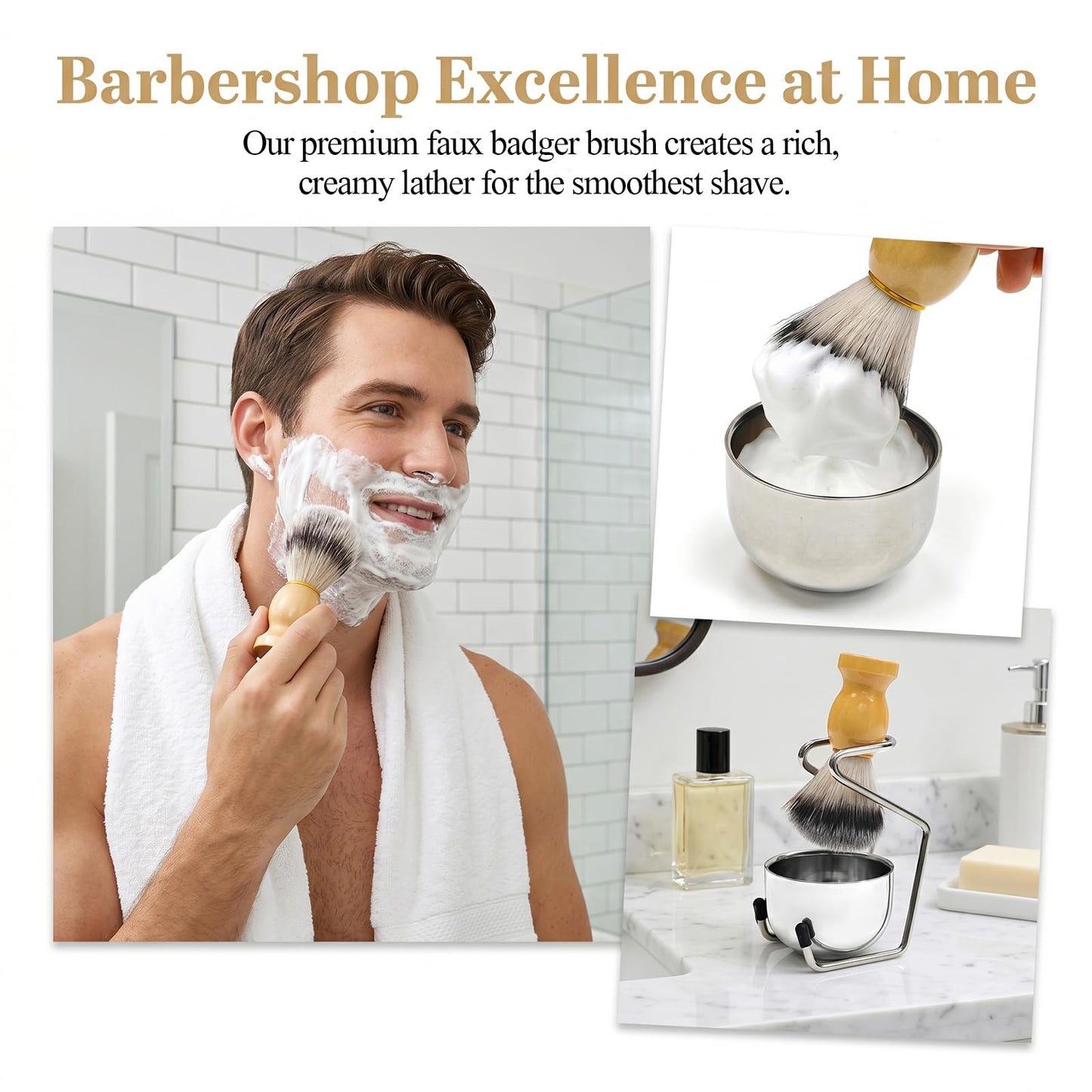 Shave Brush and Bowl, Premium Badger Hair Shaving Brush Set with Stainless Steel Shaving Bowl, Exfoliating Shaving Cream Brush for Men’s Wet Shave