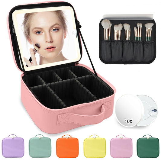 MORMID Makeup Bag with Mirror,with Mirror 3 Color Setting and Detachable 10x Magnifying Mirror Large Vanity Makeup Cases,Portable Storage and Adjustable Dividers, for Women and Makeup Artists-Pink