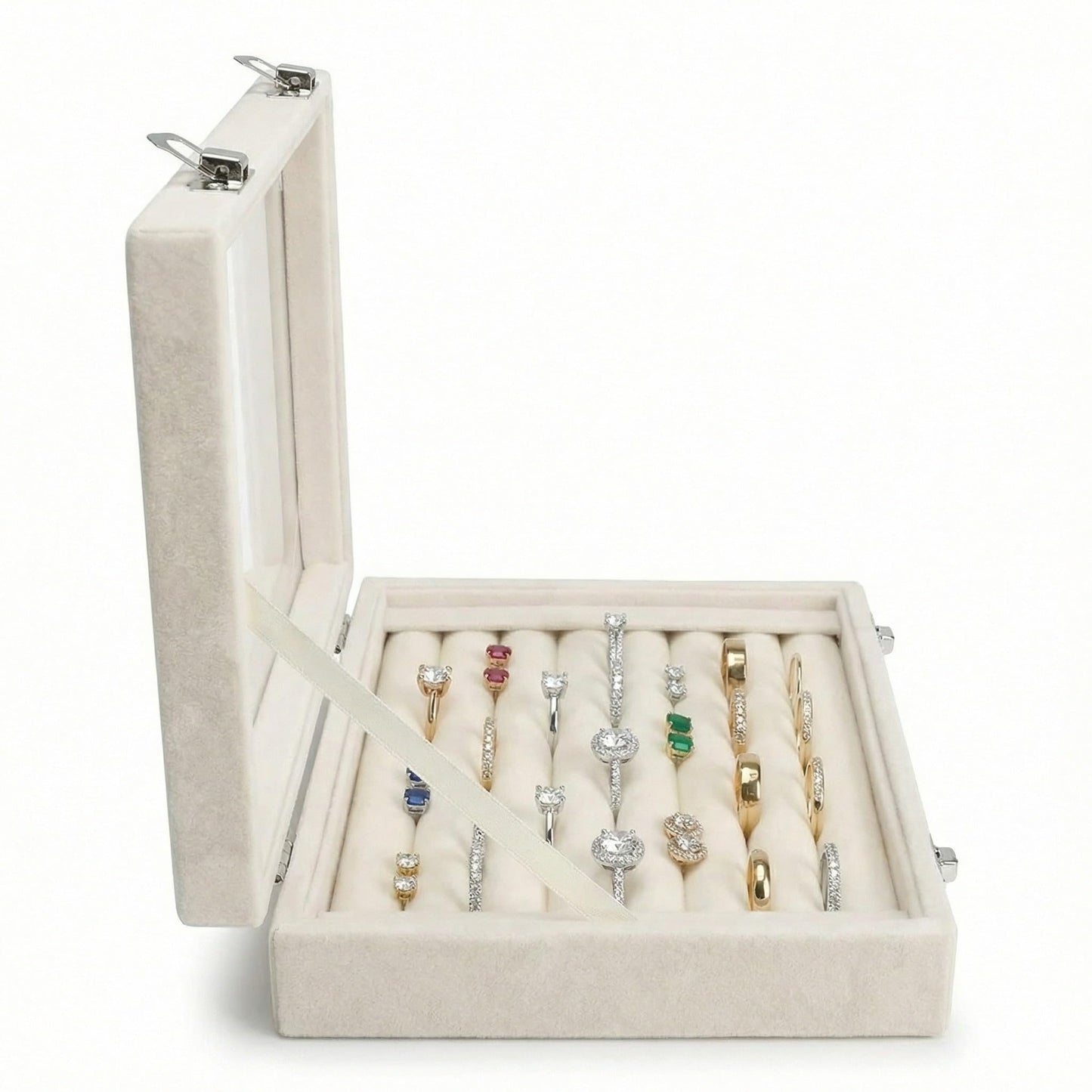 EONGOA Jewelry Box Rings Organizer Tray 7 Slots Velvet Jewelry Earring Storage Box With Transparent Lid Jewelry Display Case for Girls Women (Beige)