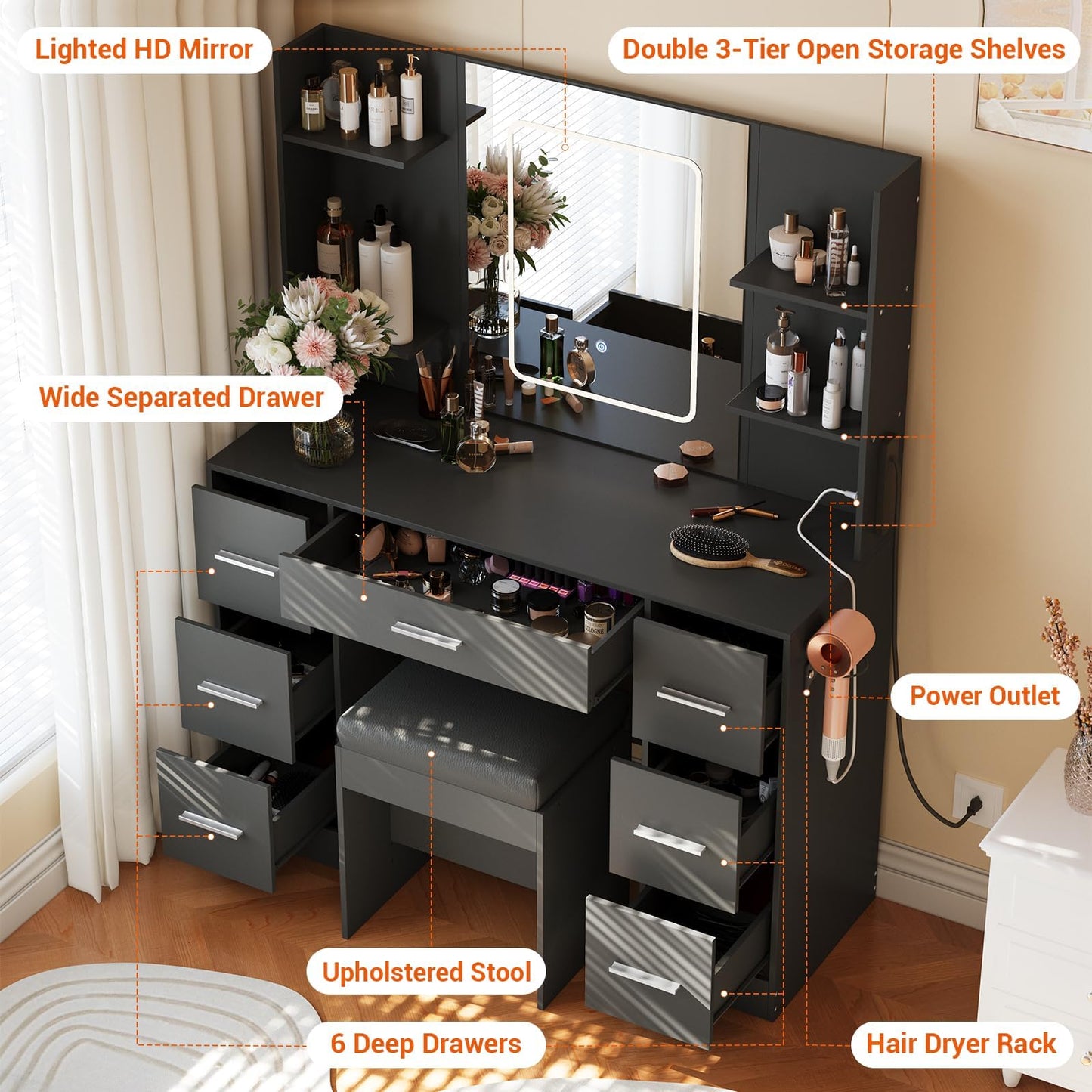 GAOMON Makeup Vanity with Mirror and Chair, Power Outlet, Hairdryer Holder, 7 Drawers, 3 Lighting Modes Brightness Adjustable Dressing Table for Bedroom