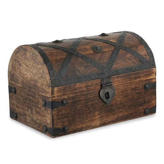 Ajuny Wooden Treasure Chest Keepsake Box, Handmade Pirate Treasure Chest Storage Box, Decorative Wooden Box for Jewelry, Collectibles, Keepsakes & Home Decor, 9 x 6 x 6 Inch