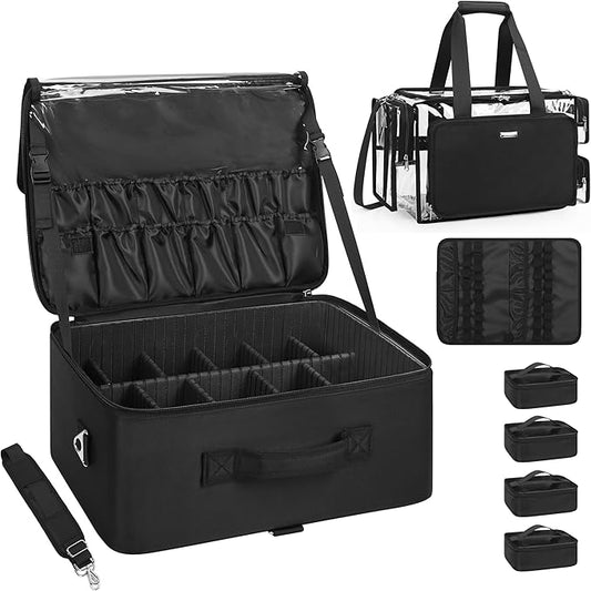 Relavel Extra Large Makeup Case and Clear Makeup Bag, Professional Cosmetic Storage Organizer Box Brush Holder with 4 Clear Set Bags & Lipstick Plate for Makeup Artists with Adjustable Dividers, Black