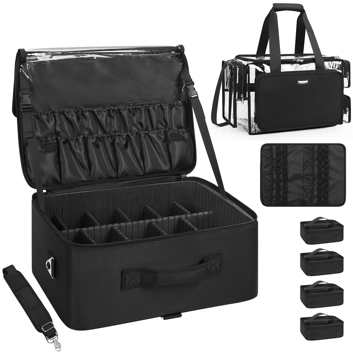Relavel Extra Large Makeup Case and Clear Makeup Bag, Professional Cosmetic Storage Organizer Box Brush Holder with 4 Clear Set Bags & Lipstick Plate for Makeup Artists with Adjustable Dividers, Black