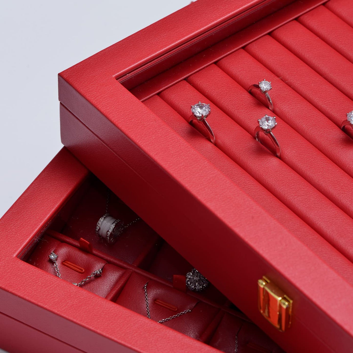 Oirlv Luxury Leather Rings Earrings Organizer Tray with Clear Lid Jewelry Display Box with Acrylic Lid Stackable Jewelry Box Drawer Inserts