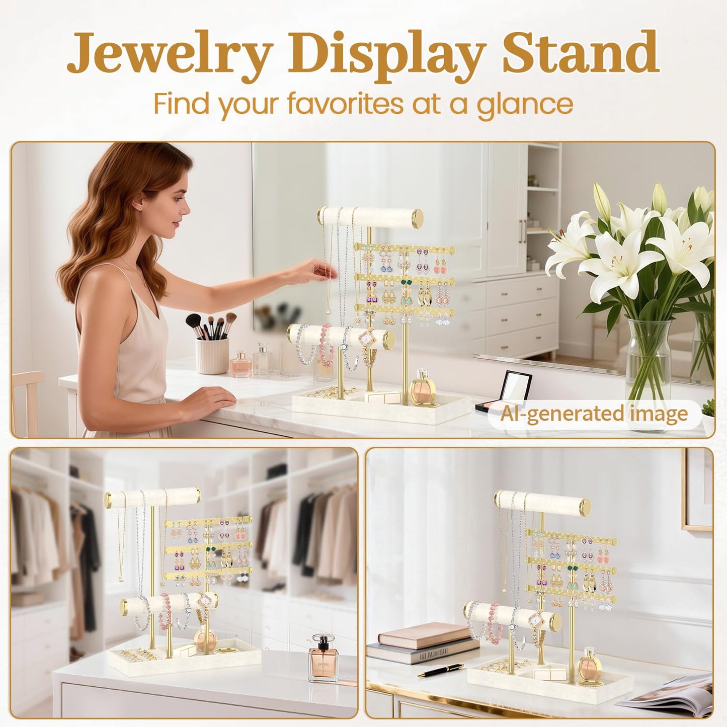 MODOWEY Necklace Holder Earring Stand Organizer, Wooden Velvet Bracelet Tree Rack with Ring Tray for Vendor Women Display Selling, Countertop T Bar Jewelry Tower Keep Everything Visible & Within Reach