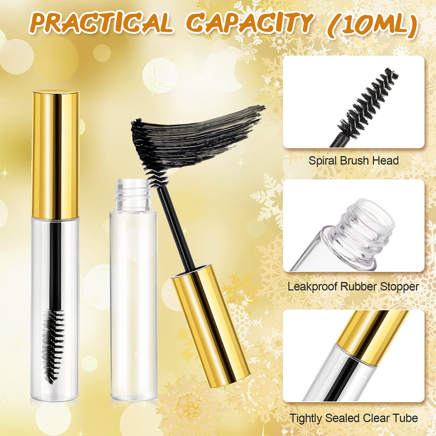 Maitys 40 Pieces 10 ml Empty Mascara Tubes Eyelash Wand Refillable Clear Bottles Eyelash Cream Container Bottle with 4 Pieces Transparent Funnels Transferring Castor Oil for DIY Cosmetics (Golden)