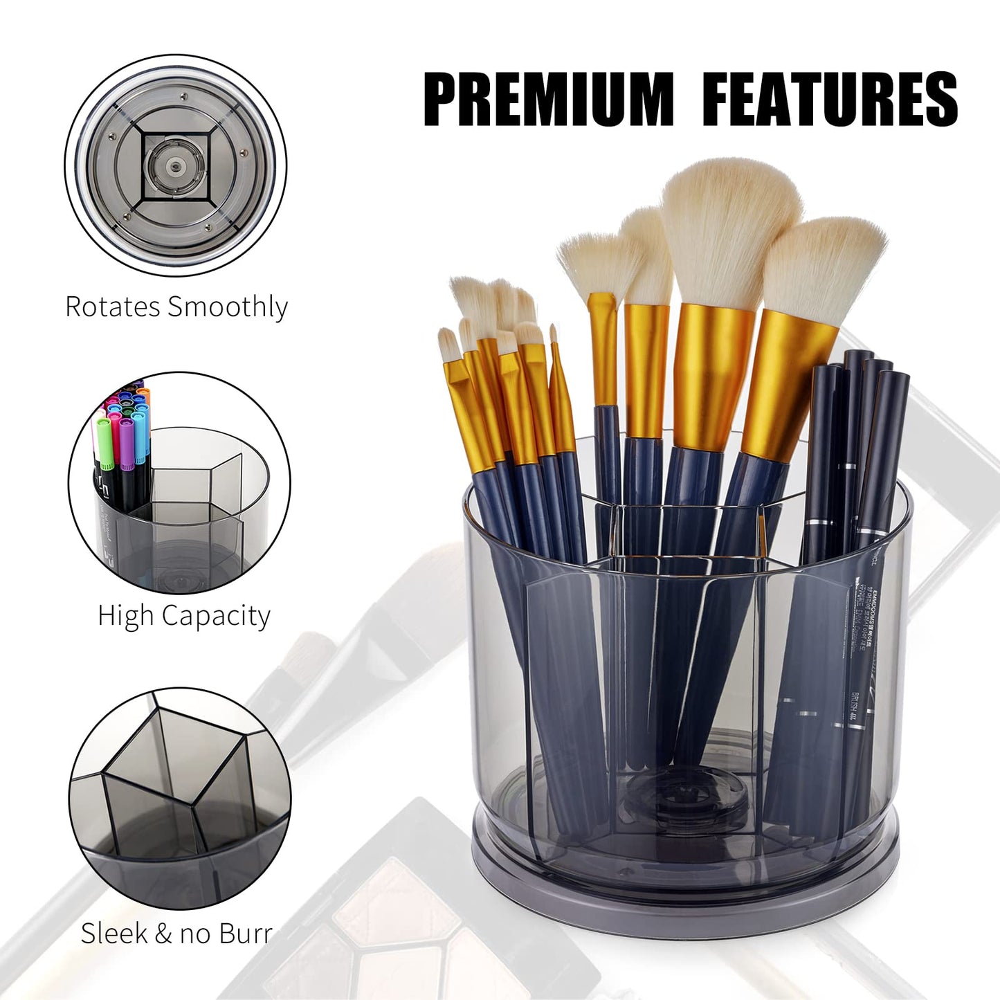 Makeup Brush Holder Organizer -Rotating 360° Clear Storage Cup Containers for Vanity, Desk, Countertop, Spinning Pen Holder for Desk, Round Make up Brush Stand with 5 Slots, for Cosmestics (Grey)