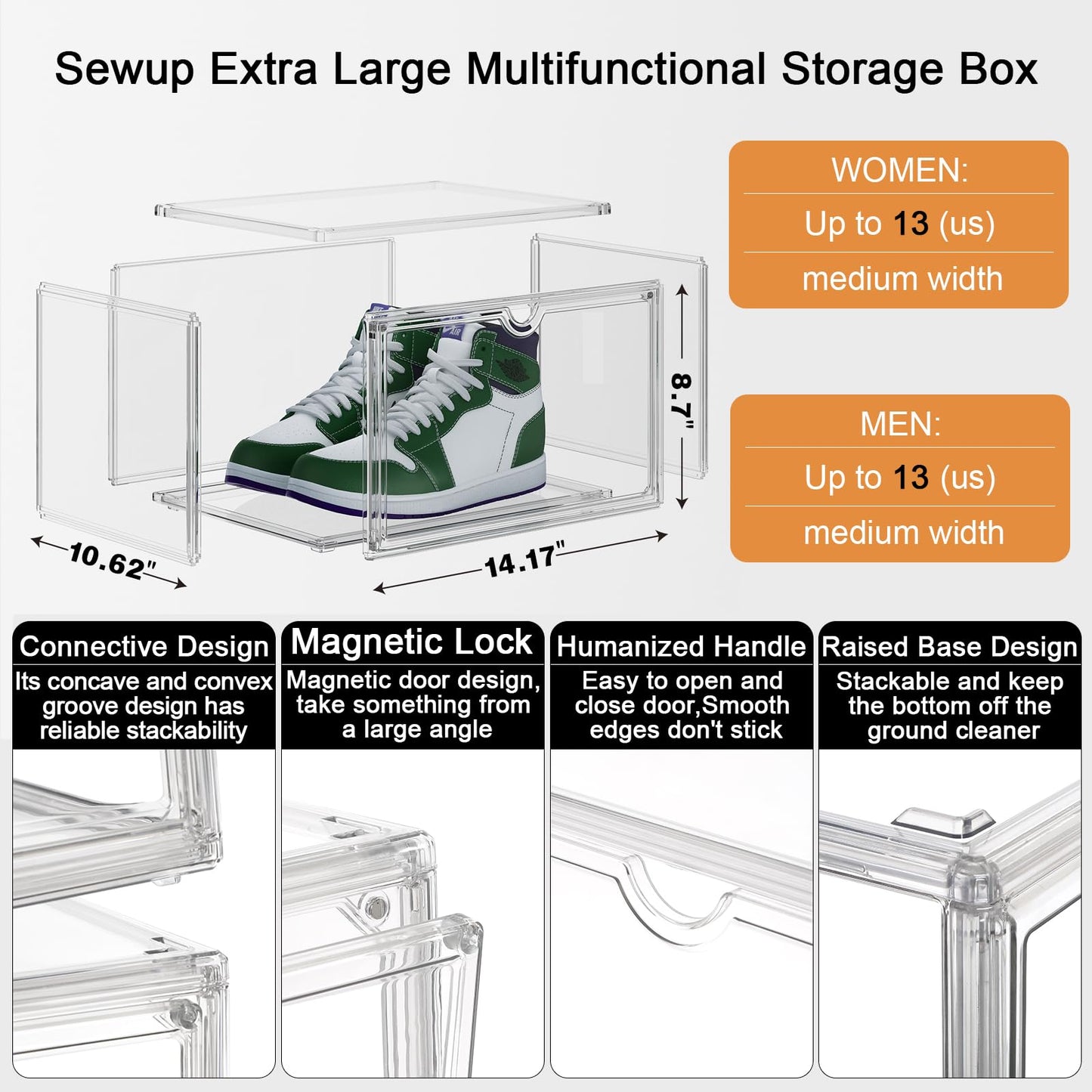 Sewup Acrylic Display Cases for Collectibles - Stackable Plastic Storage Shoe Boxes - Magnetic Lid, Figure Organizer