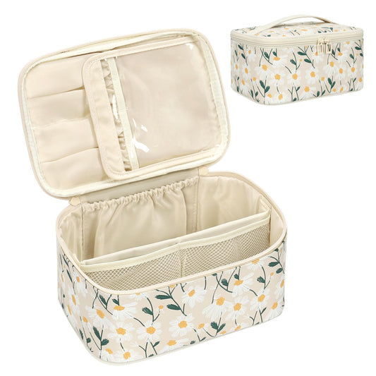 OCHEAL Makeup Bag,Travel Makeup Organizer Bag, Cute Cosmetic Bags for Women Girls Travel Toiletry Bag Traveling With Brush Slot And Divider-Floral