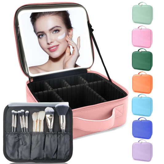 SUILU Makeup Bag with Led Mirror,with 3 Color Setting,Portable Storage and Adjustable Dividers Travel Makeup Bag, for Women and Makeup Artists Large Vanity Makeup Cases-Pink