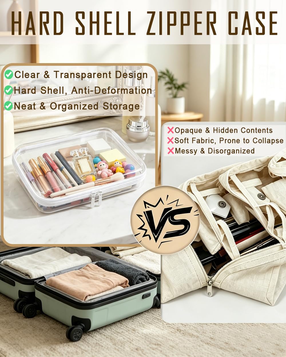 WARM EF 5 Pack Clear Zipper Pouches Set, Hard Shell Zipper Case for Travel, Transparent Toiletry Bag Organizer, Cosmetic Makeup Bag, Portable Travel Organizer for Toiletries, Cables, Accessories