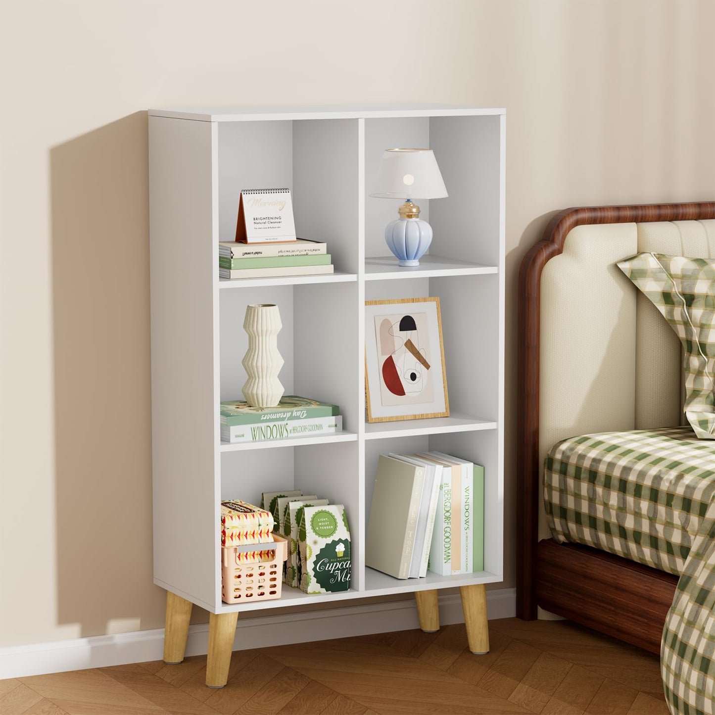 VAFHYLLIS 6 Cube Storage Organizer with Legs, 3 Tier Cube Low Bookcase Freestanding Storage Display Organizer for Home Office, Three-Cubes Open Shelf Short Bookshelf (White, 6 Cube Vertical)