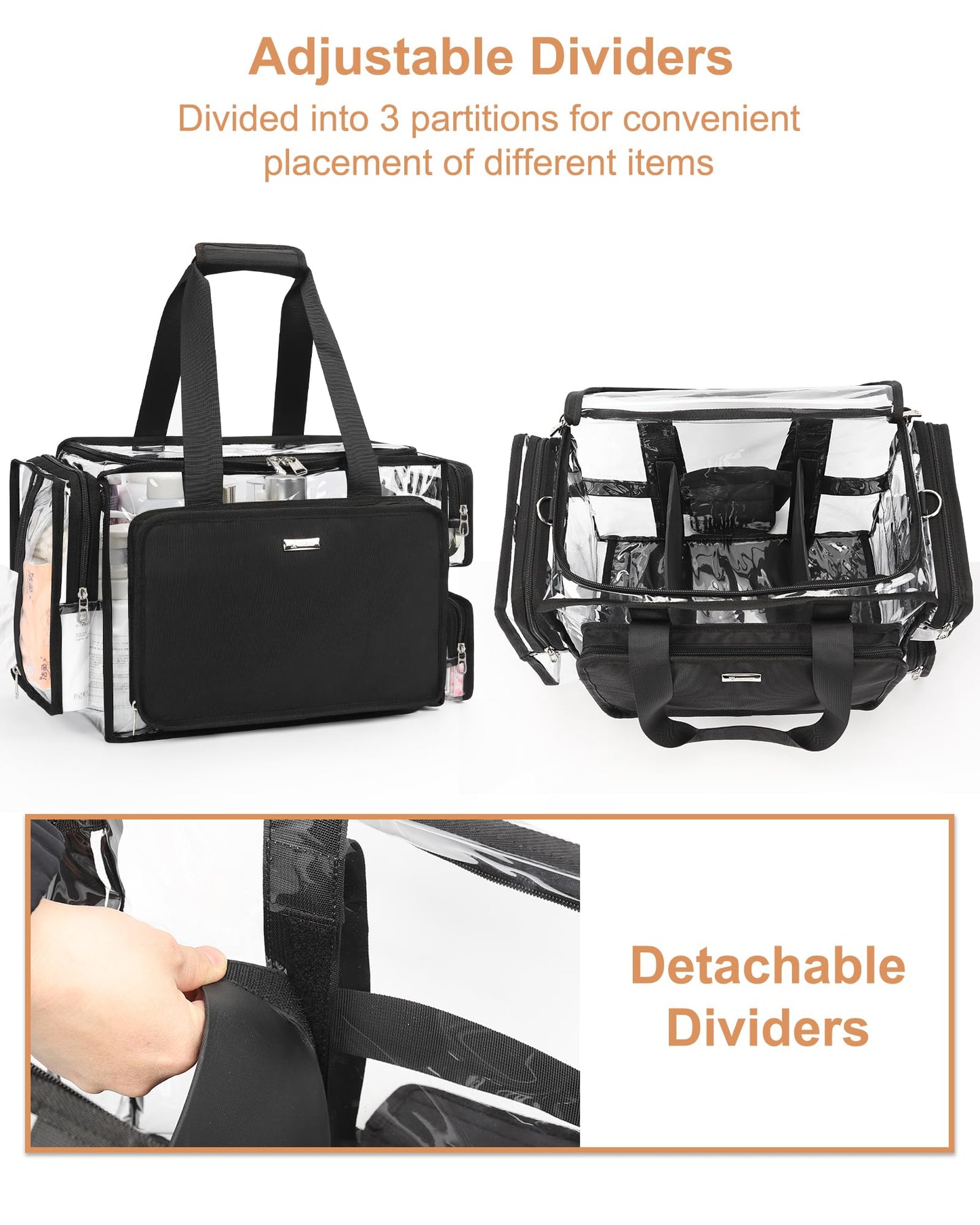 Relavel Extra Large Makeup Case and Clear Makeup Bag, Professional Cosmetic Storage Organizer Box Brush Holder with 4 Clear Set Bags & Lipstick Plate for Makeup Artists with Adjustable Dividers, Black