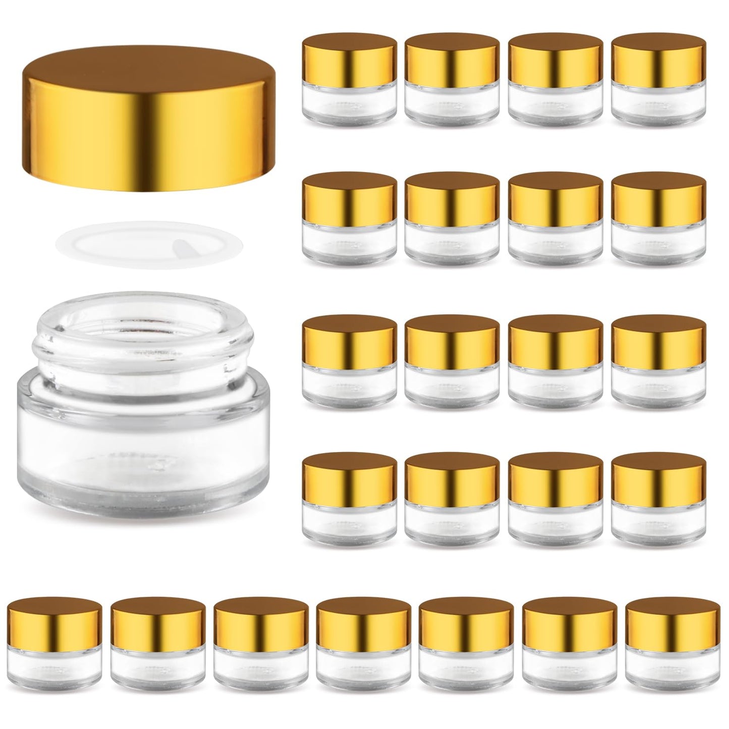 24 Pcs Clear Glass Jars Refillable Cosmetic Containers Empty Round Storage with Gold Color Lids for Eye Cream Lotion Spice Powder Liquid Sample Make Up - 5g/0.17oz