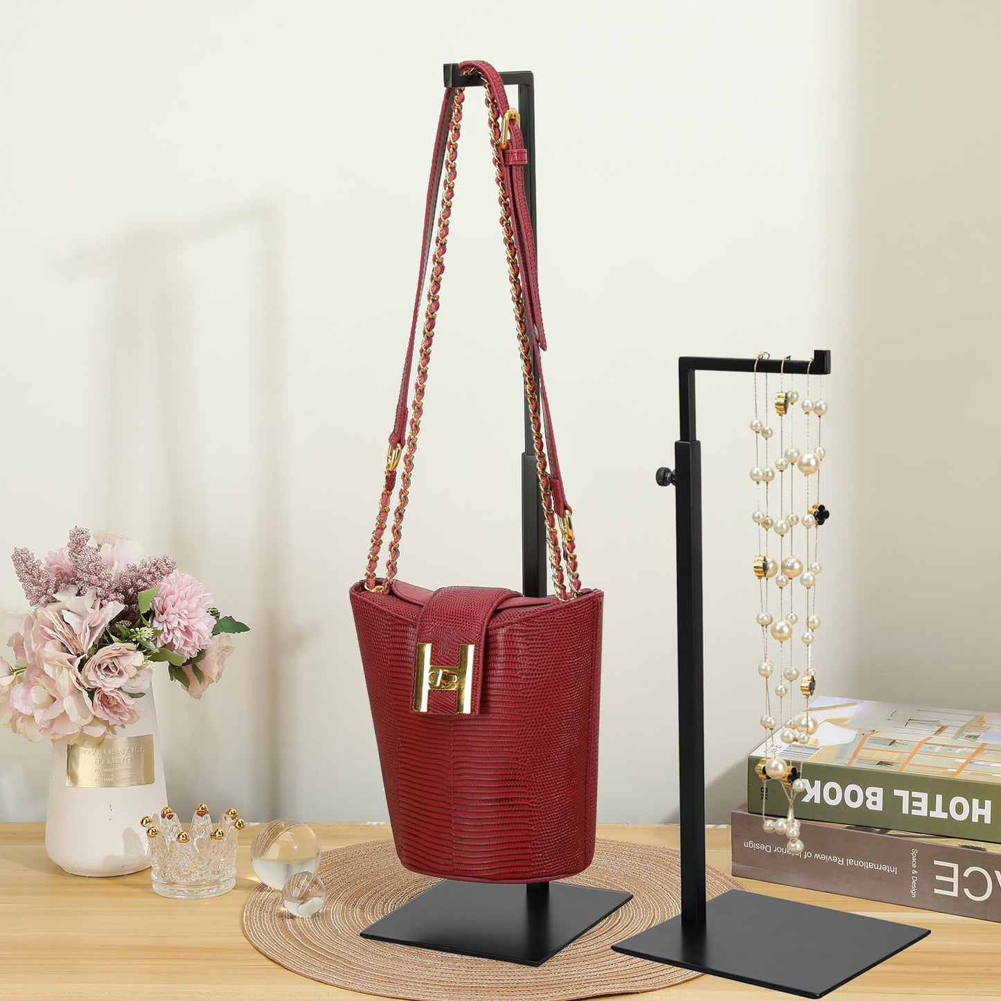 K KAIDIYIN Purse Display Stand - 2 Pack Solid Black Bag Display Rack Stands, Counter Adjustable Height Stainless Steel Purse Handbag Holder Display Stand