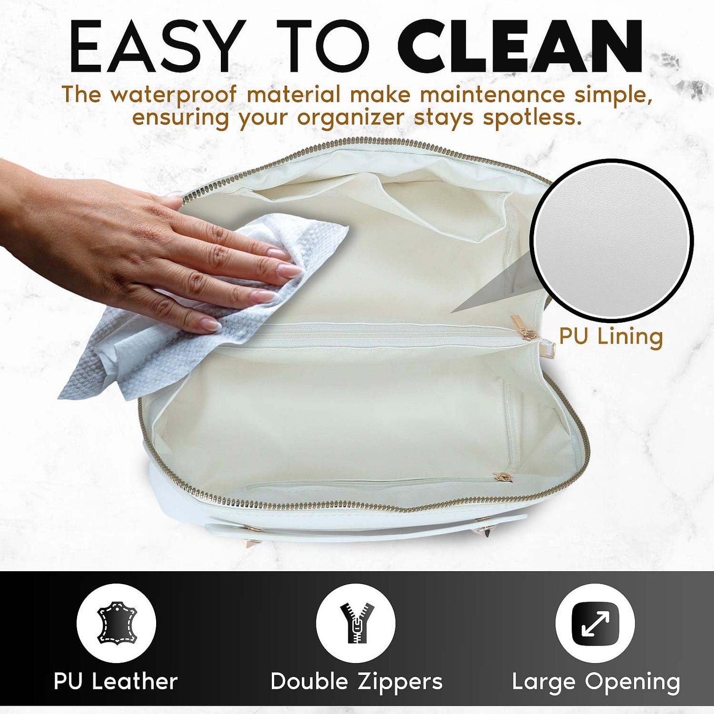 Travel Makeup Bag, Large Capacity Cosmetic Bag for Women, Large Makeup Organizer, PU Leather Waterproof Makeup bag, Travel Toiletry Bag Open flat Makeup Bag with Dividers and Handle (Smooth, White)