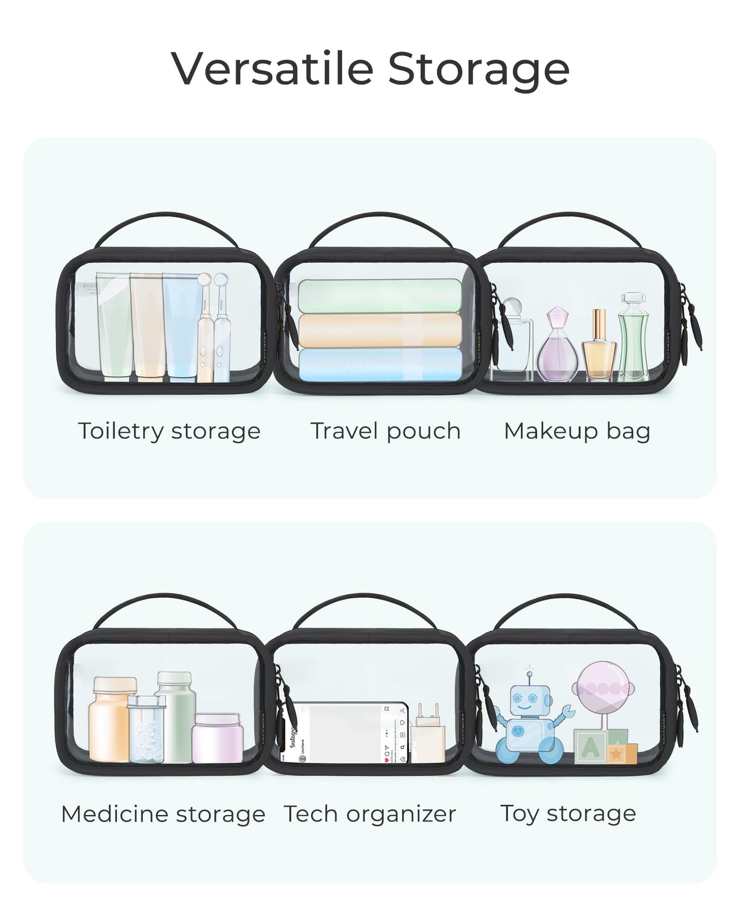 BAGSMART Double Layer Clear Makeup Bag, TSA-Approved Toiletry Bag, Large Opening with Handle, Cute Water-Resistant Travel Cosmetic Bag with Double Zipper for Car Essentials(Black)