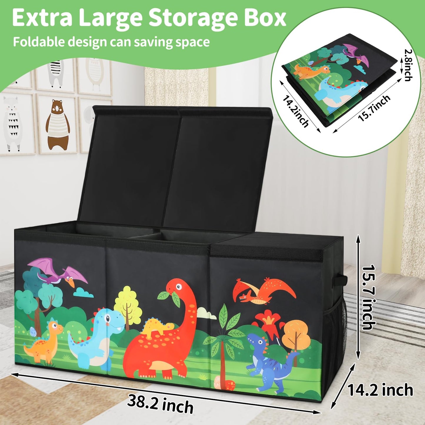 KORVAX Extra Large Kids Toy Box, Foldable Toy Organizer with Dividers & Lids, 148L Dinosaur Storage Bin for Toddlers Boys Girls, Collapsible Chest for Toys, Books, Bedroom, Playroom, Nursery Black