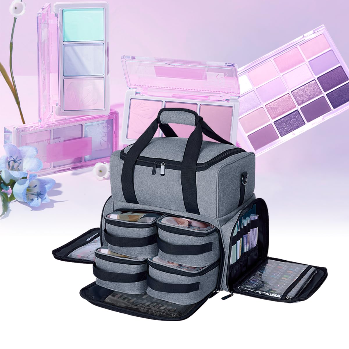 LANDFOBO Large Cosmetic Bag with 4 Removable Case with Inner Dividers, Grey